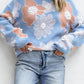 Beau Blue Floral O Neck Drop Shoulder Knitted Sweater