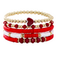 Fiery Red Heart Beaded Multi Layered Elastic Bracelet Set