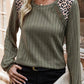 Moss Green Leopard Print Crochet Patchwork Rib Textured Knit Top