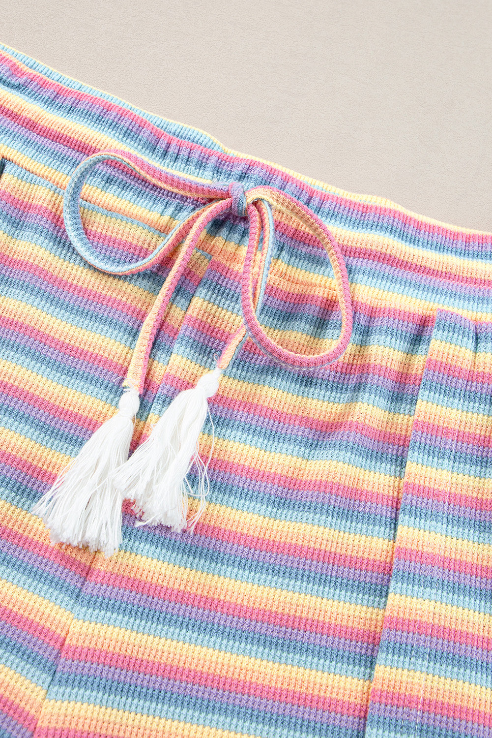 Pink Stripe Rainbow Tee Tasseled String Wide Leg Pants Set