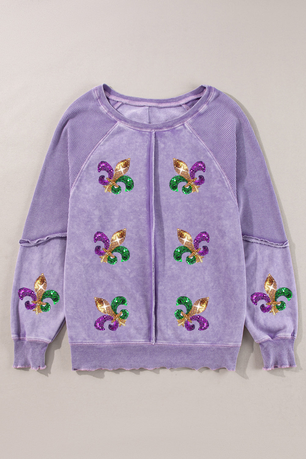 Orchid Petal Mardi Gras Patched Pattern Waffle Patchwork Sweatshirt