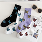 White Butterfly Pattern Ribbed Edge Soft Crew Socks