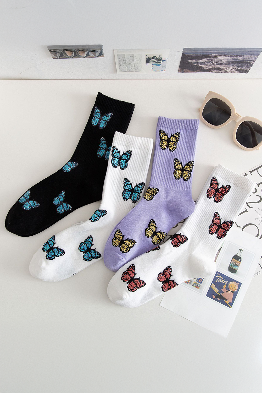 White Butterfly Pattern Ribbed Edge Soft Crew Socks