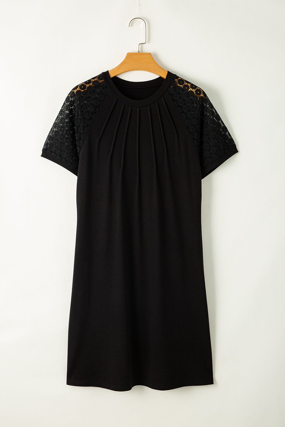 Black Contrast Lace Raglan Sleeve Pleated Detail Shift Dress