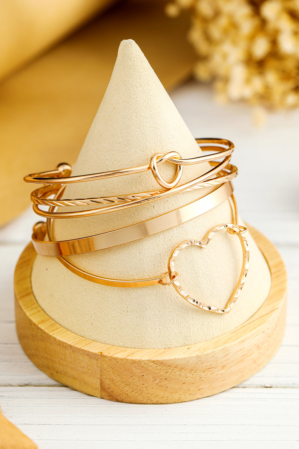 Gold Heart Knot Plated Multi Layer Open Cuff Bracelet Set