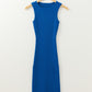 Dark Blue Solid Ribbed Knit Sheath Sleeveless Midi Sweater Dress