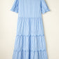 Sky Blue Stripe Bubble Short Sleeve Tiered Scallop Long Dress