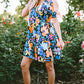 Blue Collared Split Neck Floral Flared Dress