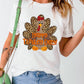 White Happy Turkey Day Leopard Print Crew Neck Loose T Shirt