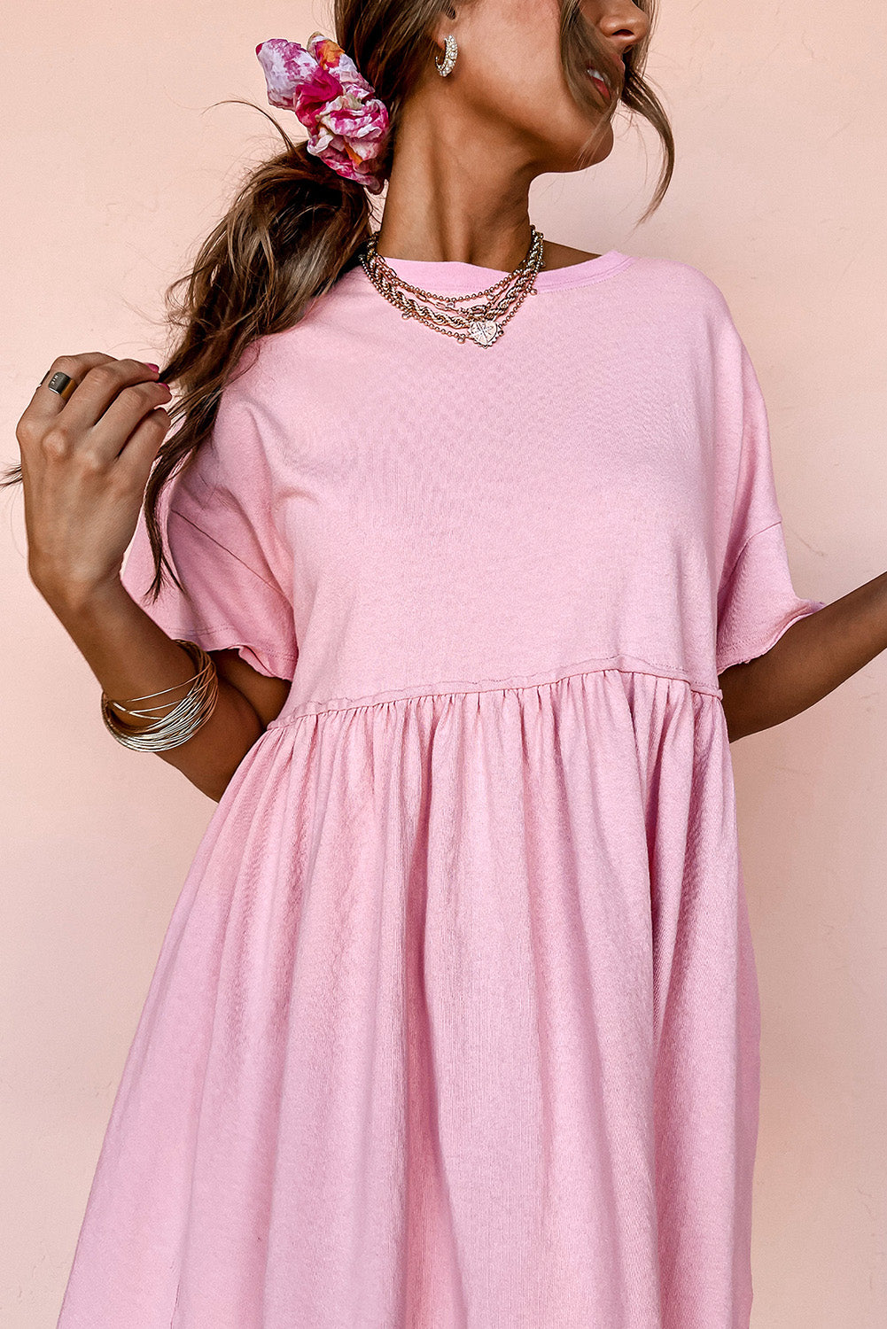 Light Pink Solid Color Pocketed Raw Edge Babydoll Dress