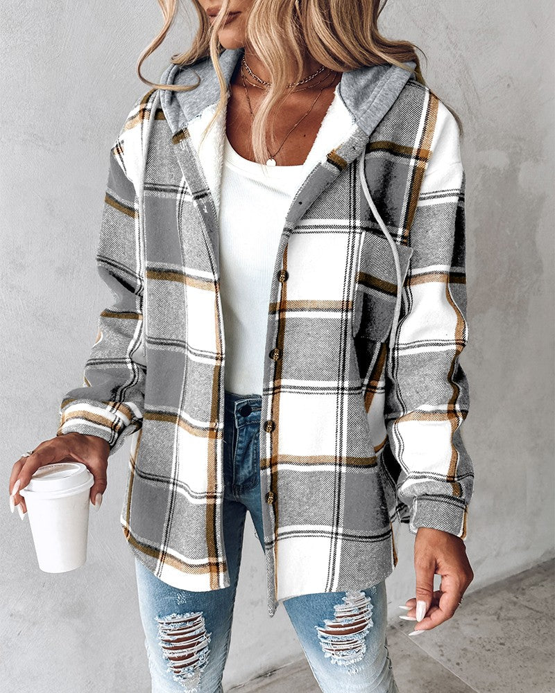 Plaid Print Buttoned Hooded Shacket