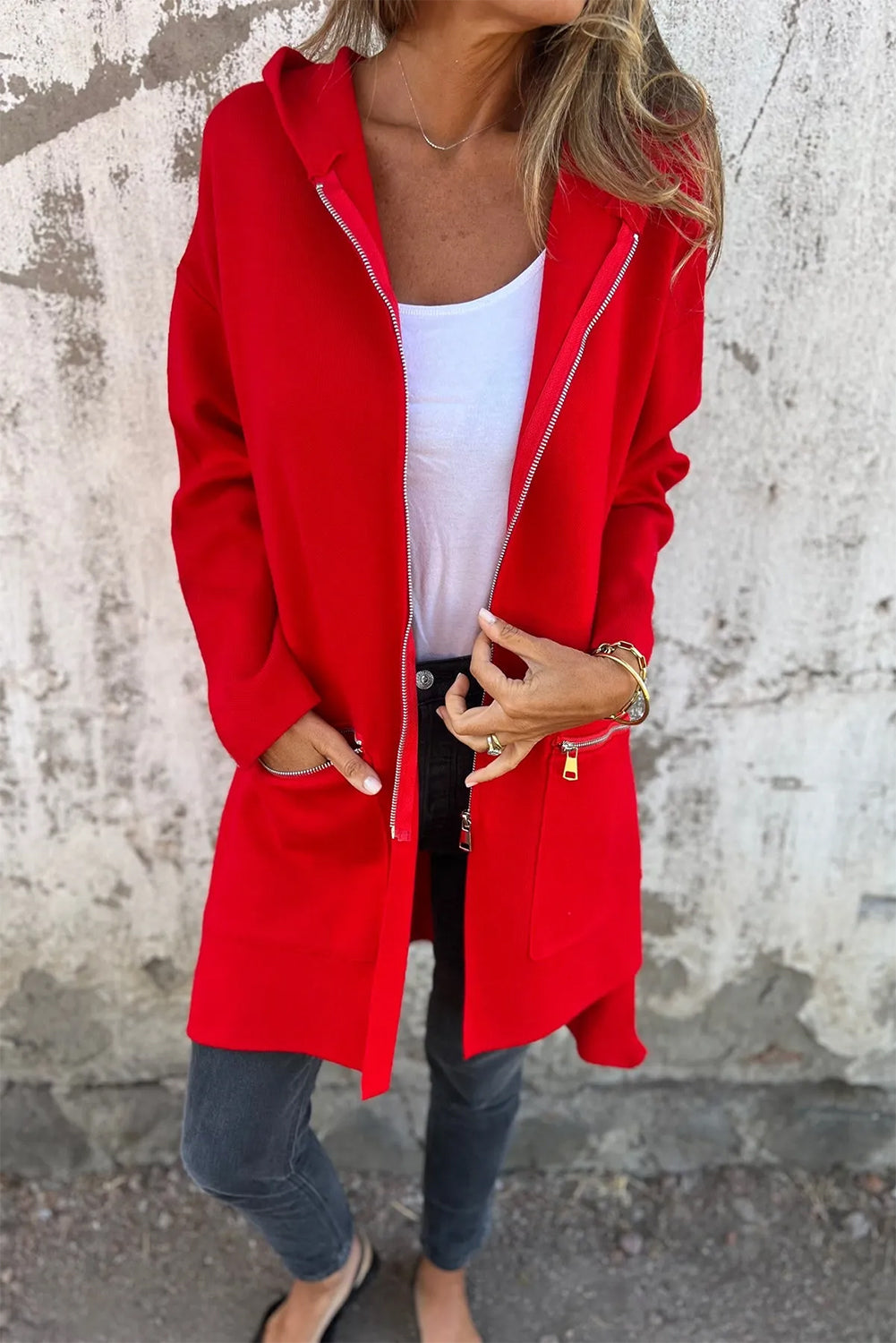 Fiery Red Solid Color Casual Zip up Hooded Coat