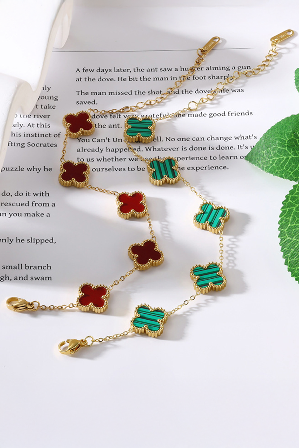 Fiery Red St Patricks Four Leaf Clover Chain Bracelet