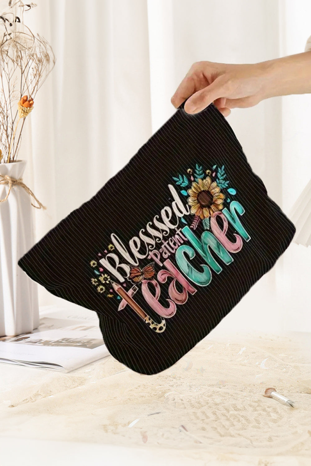 Black Blessed Teacher Flower Pencil Print Corduroy Storage Bag