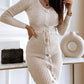 V Neck Long Sleeve Button Decor Drawstring Waist Knit Sweater Dress