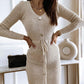 V Neck Long Sleeve Button Decor Drawstring Waist Knit Sweater Dress