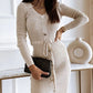 V Neck Long Sleeve Button Decor Drawstring Waist Knit Sweater Dress