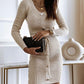 V Neck Long Sleeve Button Decor Drawstring Waist Knit Sweater Dress