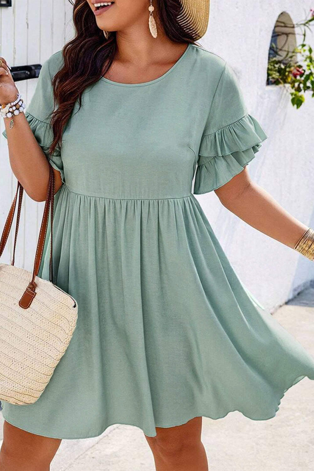 Grass Green Ruffle Trim Short Sleeve Plus Size Flared Mini Dress