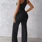 U Neck Bodysuit & Drawstring Cutout Wide Leg Pants Set