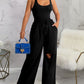 U Neck Bodysuit & Drawstring Cutout Wide Leg Pants Set