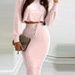 2 Pieces Outfits Letter Print Round Neck Long Sleeve Crop Top and Colorblock Print Drawstring Bodycon Skirt Set