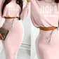 2 Pieces Outfits Letter Print Round Neck Long Sleeve Crop Top and Colorblock Print Drawstring Bodycon Skirt Set