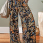 Multicolour Floral Shirred High Waist Wide Leg Pants with Tie