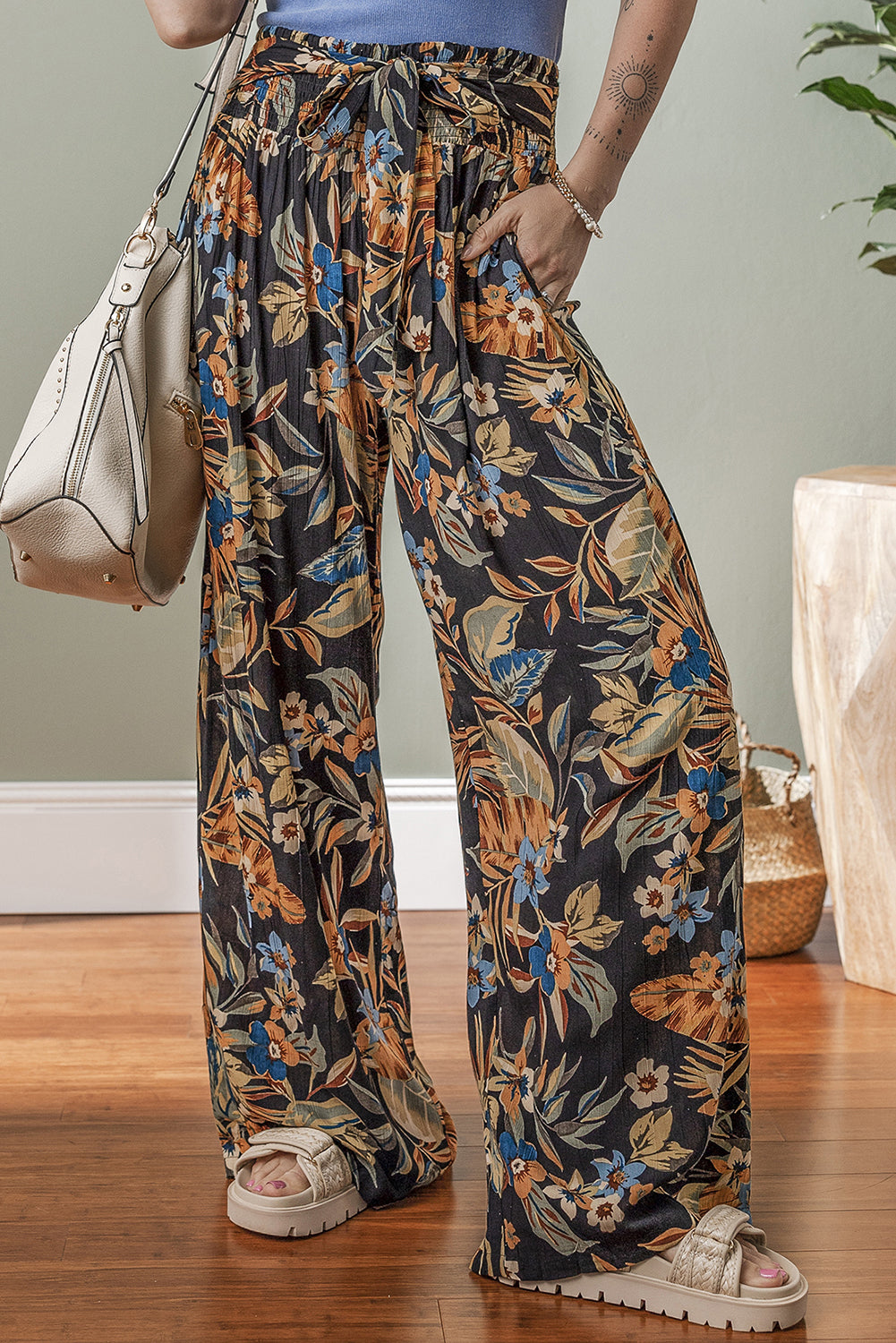 Multicolour Floral Shirred High Waist Wide Leg Pants with Tie