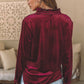 Burgundy Frilled Neck Buttoned Front Velvet Top