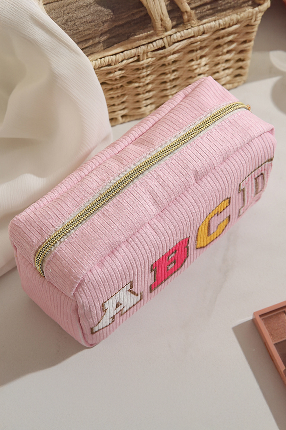 Pink ABCD Letter Decor Corduroy Zipper Cosmetic Bag