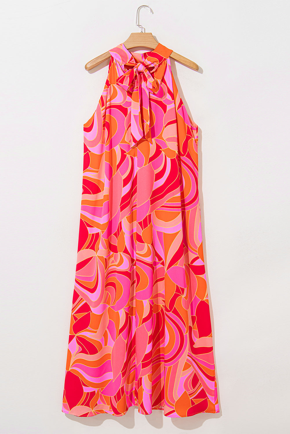 Rose Abstract Printed High Neck Knotted Nape Sleeveless Maxi Dress