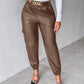 PU Leather High Waist Cargo Pants with Flap Pocket Chain Decor Cuffed Jogger Pants