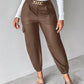 PU Leather High Waist Cargo Pants with Flap Pocket Chain Decor Cuffed Jogger Pants