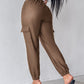 PU Leather High Waist Cargo Pants with Flap Pocket Chain Decor Cuffed Jogger Pants