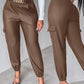 PU Leather High Waist Cargo Pants with Flap Pocket Chain Decor Cuffed Jogger Pants