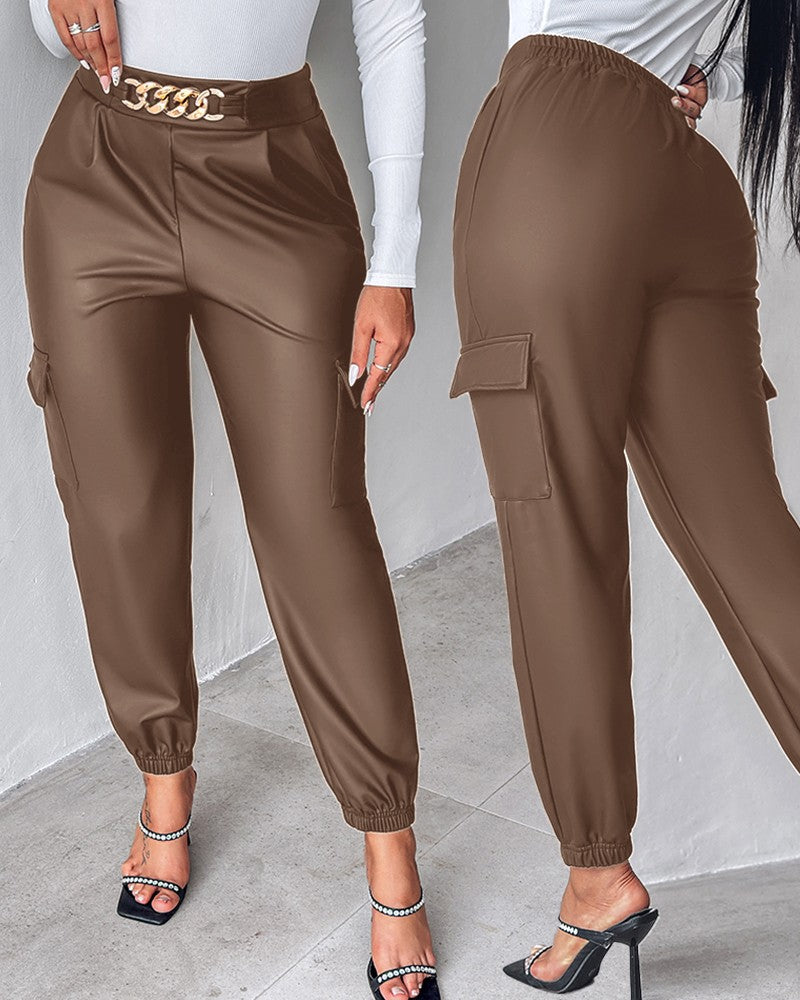 PU Leather High Waist Cargo Pants with Flap Pocket Chain Decor Cuffed Jogger Pants