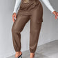 PU Leather High Waist Cargo Pants with Flap Pocket Chain Decor Cuffed Jogger Pants