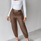 PU Leather High Waist Cargo Pants with Flap Pocket Chain Decor Cuffed Jogger Pants