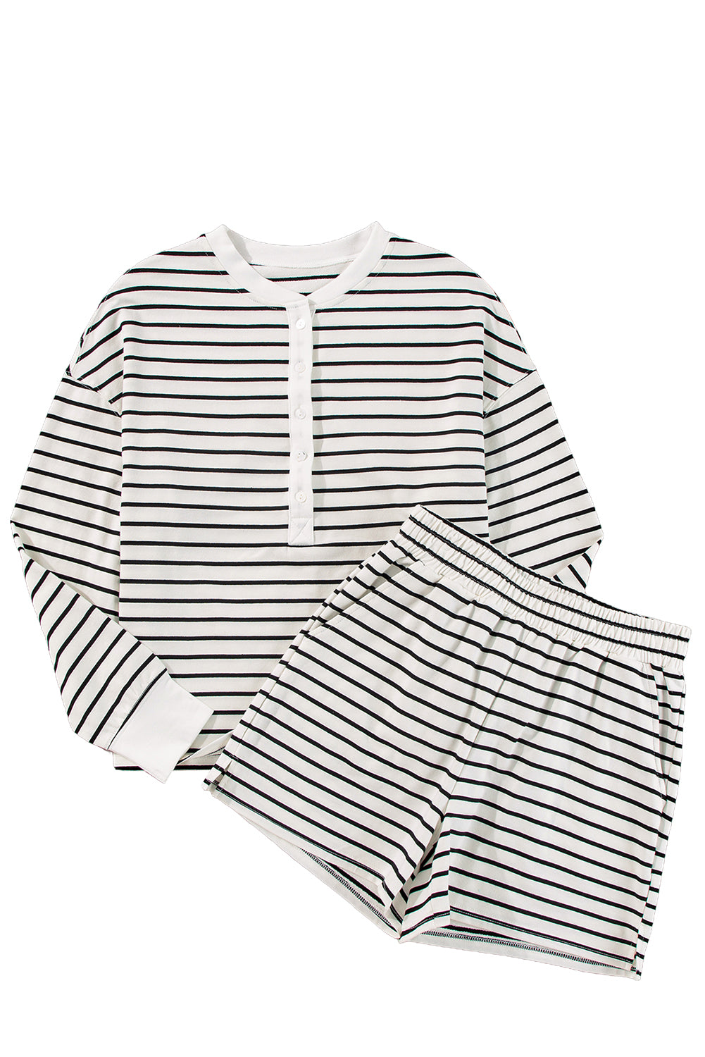 Black white Stripes Printed Half Button Long Sleeve Top and Shorts Set