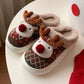 Dark Green Christmas Cartoon Reindeer Plush Home Slippers