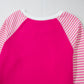 Strawberry Pink Striped Patchwork Crew Neck Raglan Sleeve Top