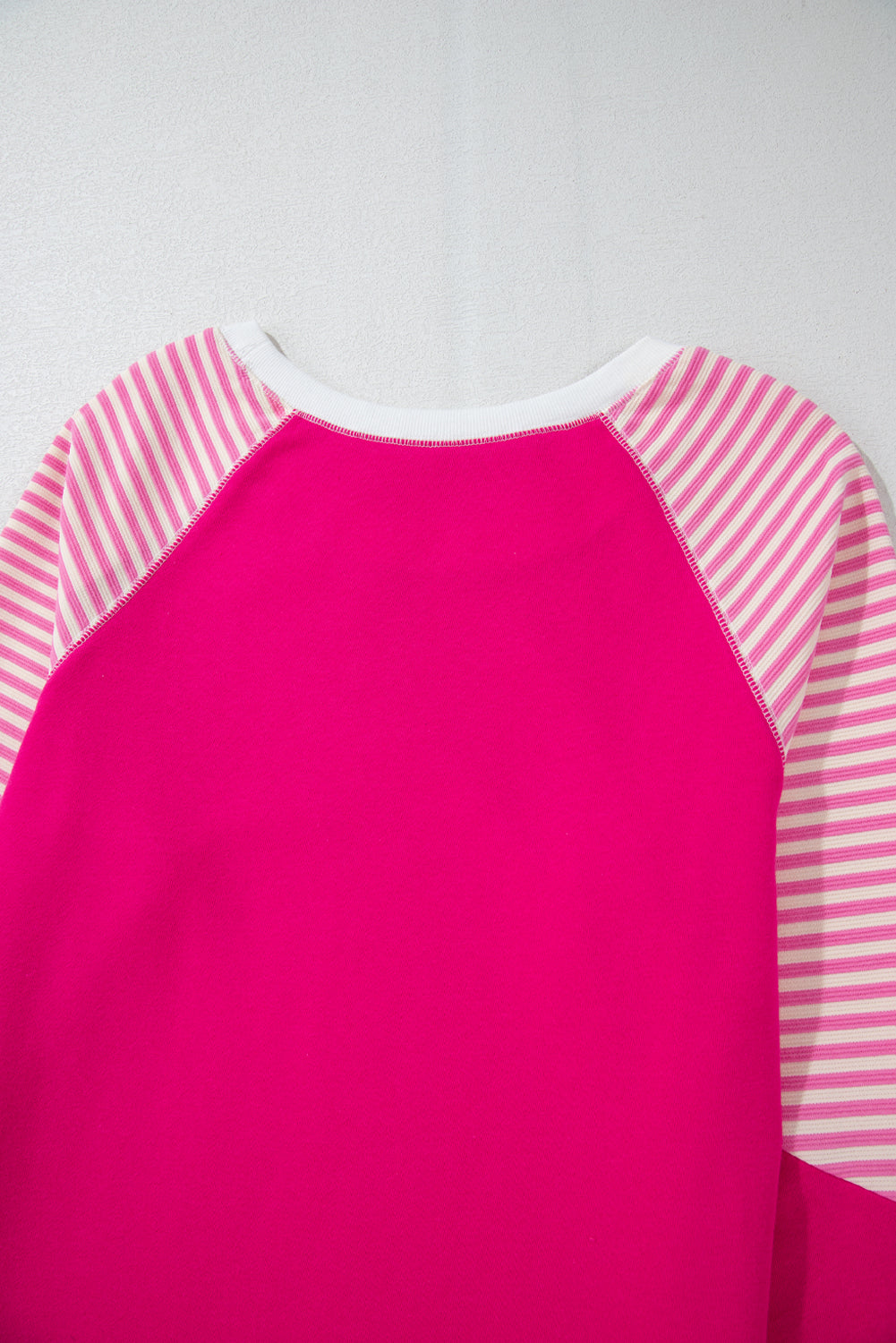 Strawberry Pink Striped Patchwork Crew Neck Raglan Sleeve Top