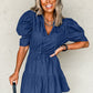 Blue Drawstring High Waist Puff Sleeve Denim Mini Dress