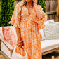 Orange Floral Print Smocked V Neck Wide Sleeve Maxi Dress