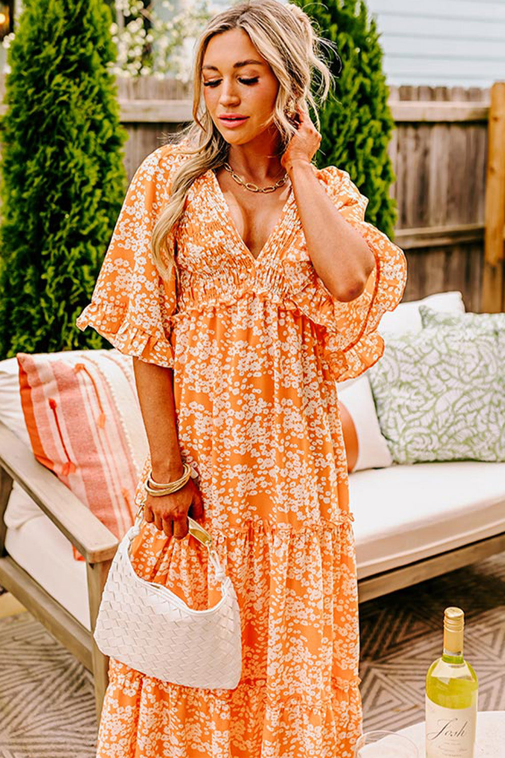 Orange Floral Print Smocked V Neck Wide Sleeve Maxi Dress