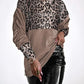 Velvet Contrast Leopard Sequin Patch Crewneck Sweatshirt Ruched Long Sleeve Zipper Slit Pullover Top