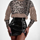 Velvet Contrast Leopard Sequin Patch Crewneck Sweatshirt Ruched Long Sleeve Zipper Slit Pullover Top