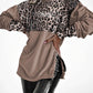 Velvet Contrast Leopard Sequin Patch Crewneck Sweatshirt Ruched Long Sleeve Zipper Slit Pullover Top