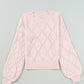 Gossamer Pink Openwork Plaid Puff Sleeve Cropped Sweater